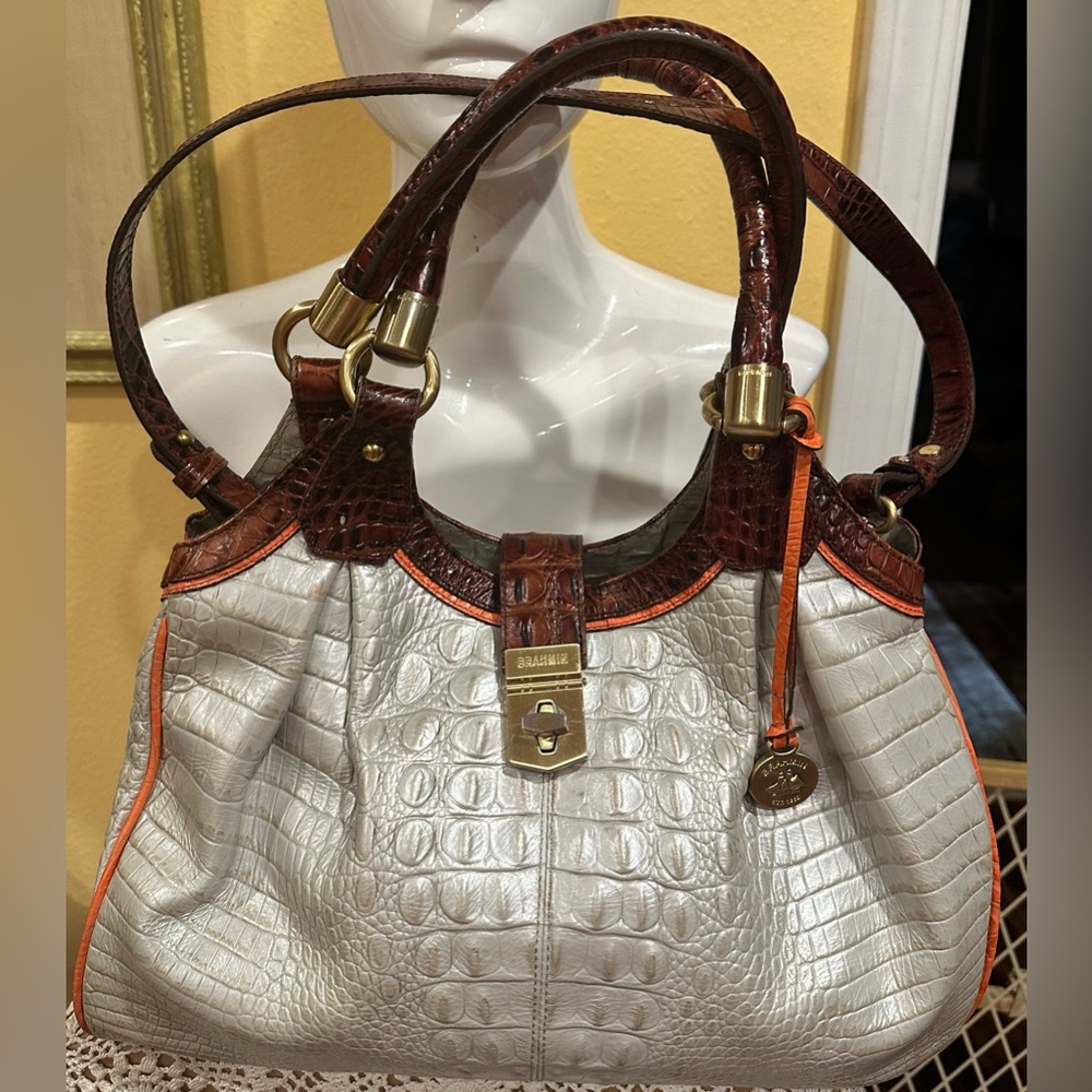 Brahmin Elisa Handbag Shoulder Purse in Silver  & Chestnut Croc-embossed Leather
